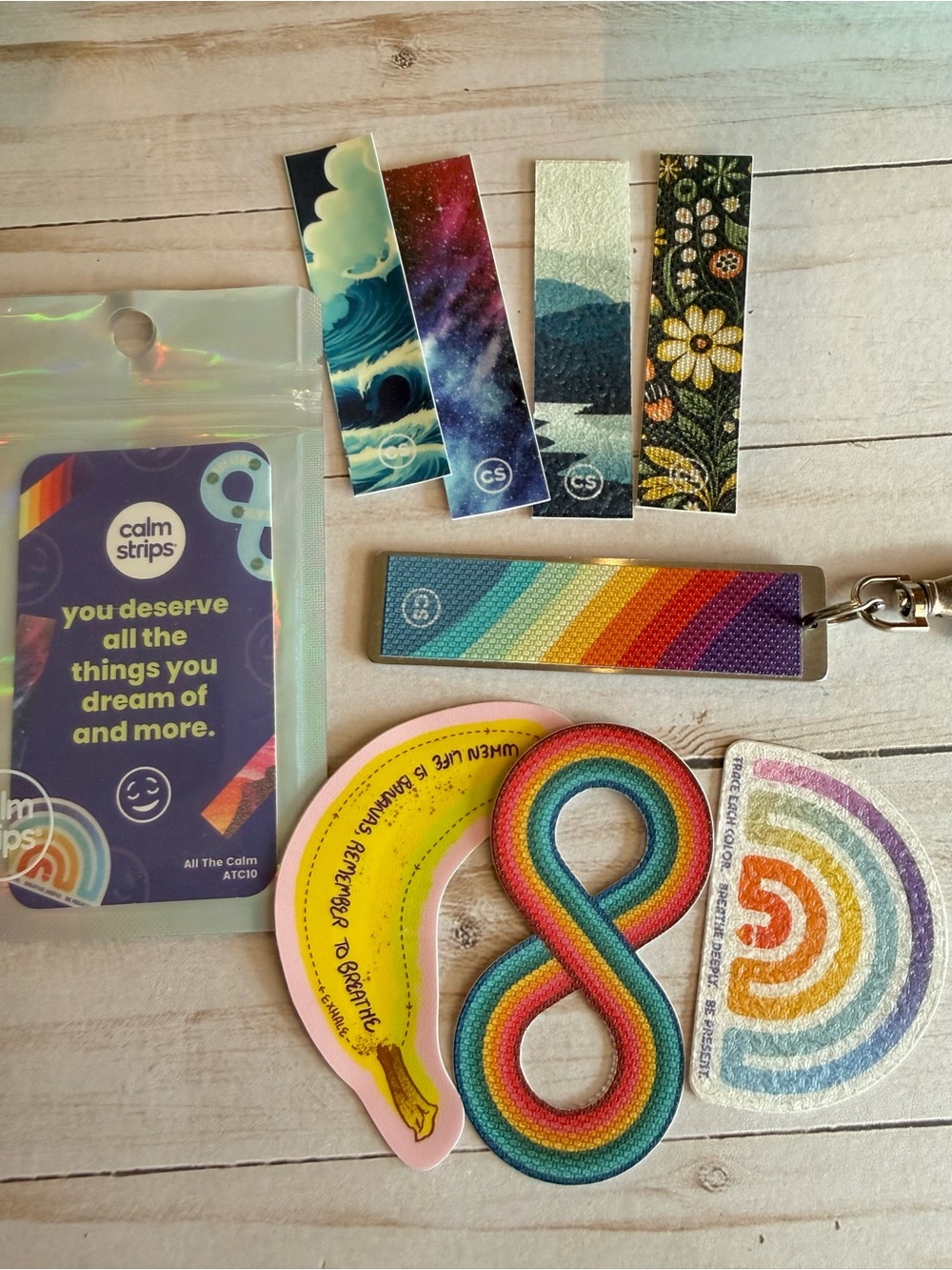 Calm Strips Pack of 9 Sticker Designs with Stainless Steel Carry Tag